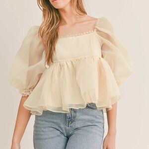 MABLE Roselyn Tulle Babydoll Top | Cream | Medium